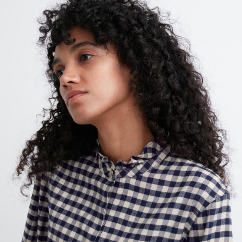 Camisas Uniqlo Soft Brushed Stand Collar Long-Sleeve Mujer Azules | 8057235
