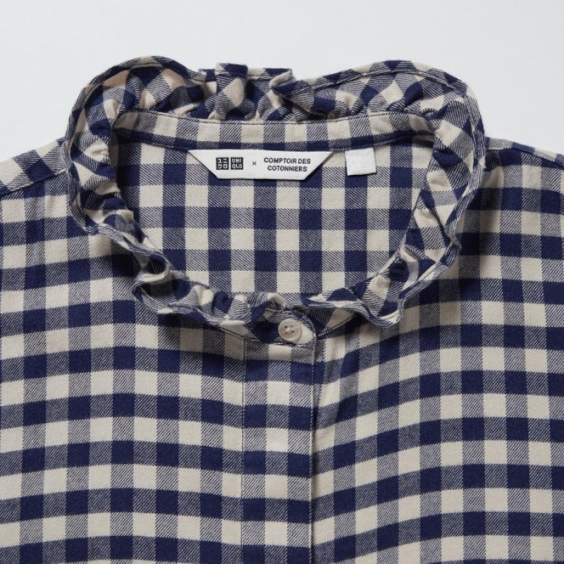Camisas Uniqlo Soft Brushed Stand Collar Long-Sleeve Mujer Azules | 8057235