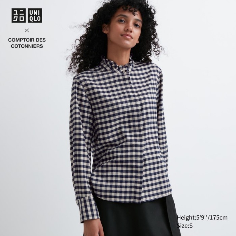 Camisas Uniqlo Soft Brushed Stand Collar Long-Sleeve Mujer Azules | 8057235