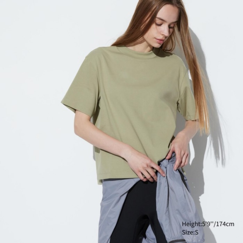 Camiseta Uniqlo AIRism Cotton Short Sleeve Mujer Verde | 5918799