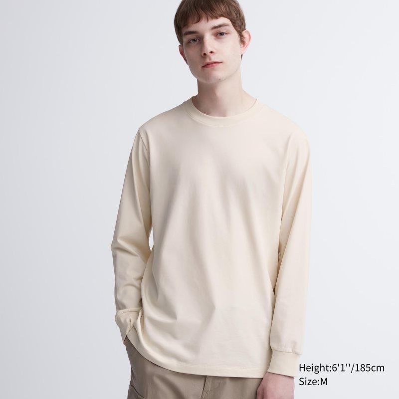 Camiseta Uniqlo Airism Cotton Uv Protection Crew Neck Long-sleeve Hombre Beige | 1170637