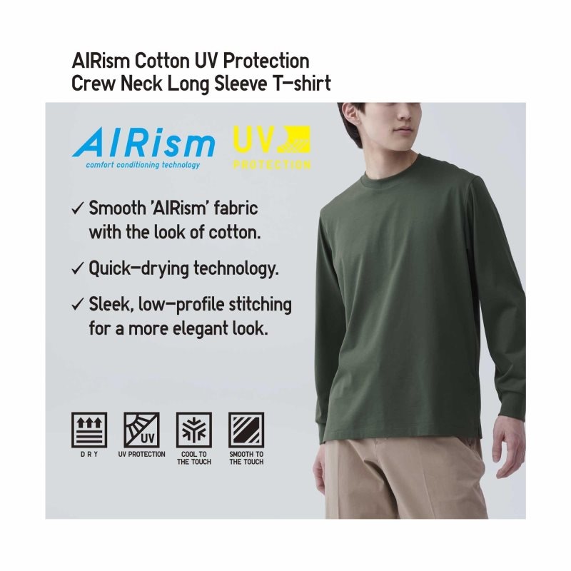 Camiseta Uniqlo Airism Cotton Uv Protection Crew Neck Long-sleeve Hombre Rosas | 4056932