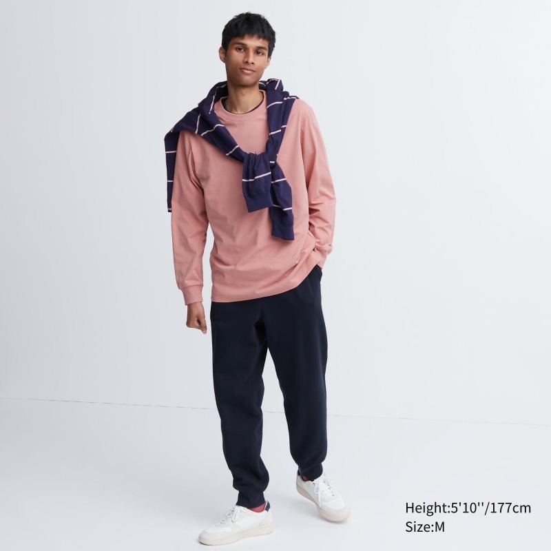 Camiseta Uniqlo Airism Cotton Uv Protection Crew Neck Long-sleeve Hombre Rosas | 4056932