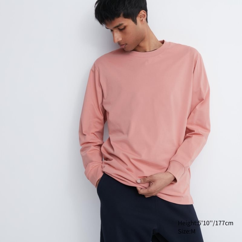 Camiseta Uniqlo Airism Cotton Uv Protection Crew Neck Long-sleeve Hombre Rosas | 4056932