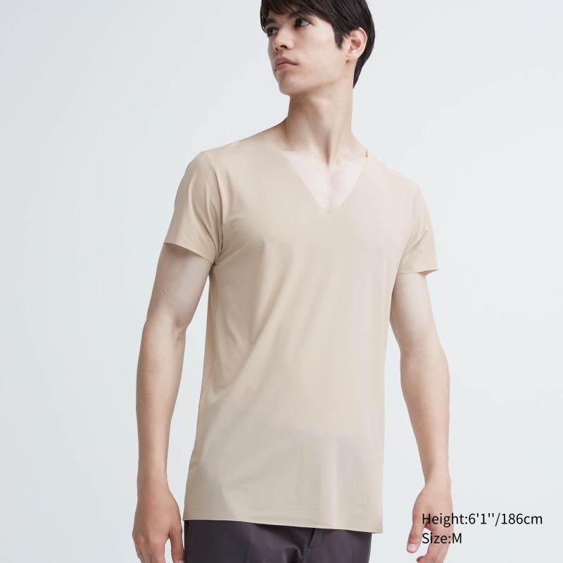 Camiseta Uniqlo Airism Mesh Anti-odor V-neck Hombre Beige | 1390334