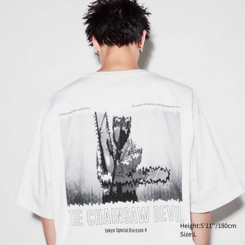 Camiseta Uniqlo Chainsaw Man × Kosuke Kawamura UT Oversized Short-Sleeve Denji Mujer Blancas | 7204099