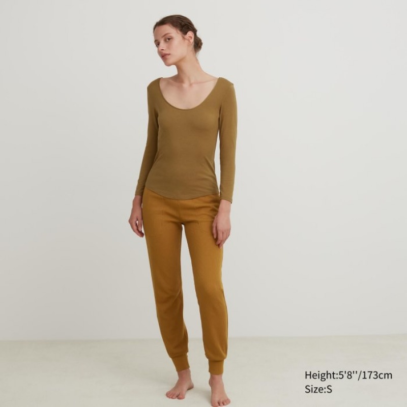 Camiseta Uniqlo HEATTECH Ballet Neck Long-Sleeve Silk Blend Mujer Marrones | 6932145