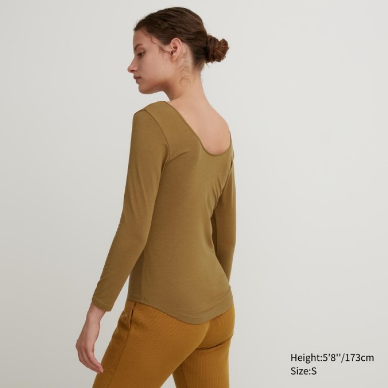 Camiseta Uniqlo HEATTECH Ballet Neck Long-Sleeve Silk Blend Mujer Marrones | 6932145