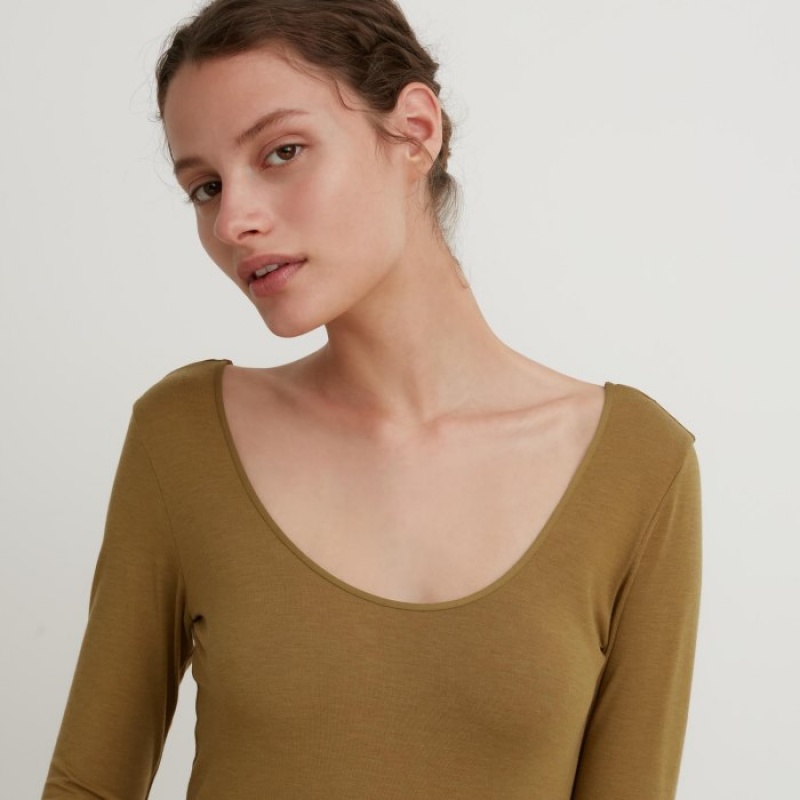 Camiseta Uniqlo HEATTECH Ballet Neck Long-Sleeve Silk Blend Mujer Marrones | 6932145
