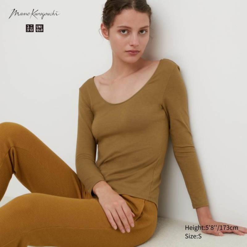 Camiseta Uniqlo HEATTECH Ballet Neck Long-Sleeve Silk Blend Mujer Marrones | 6932145