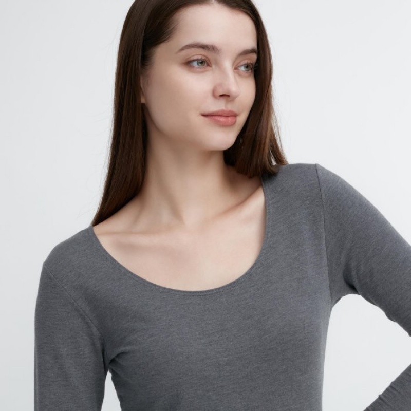 Camiseta Uniqlo HEATTECH Cotton Scoop Neck Long-Sleeve Mujer Rosas | 8063646