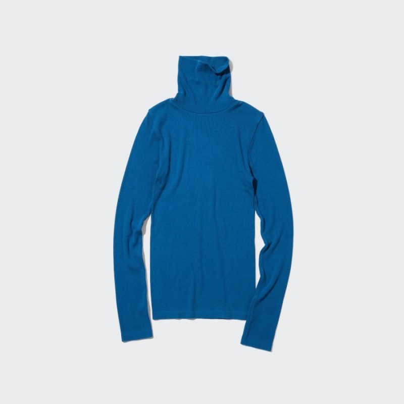 Camiseta Uniqlo HEATTECH Extra Warm Seamless Ribbed Turtleneck Long-Sleeve Mujer Azules | 9838954
