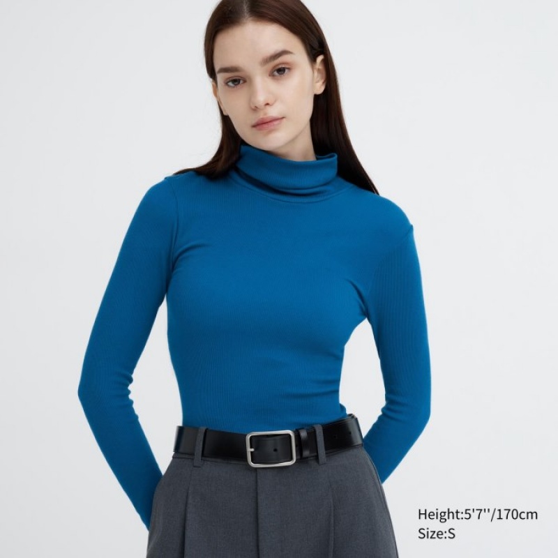 Camiseta Uniqlo HEATTECH Extra Warm Seamless Ribbed Turtleneck Long-Sleeve Mujer Azules | 9838954