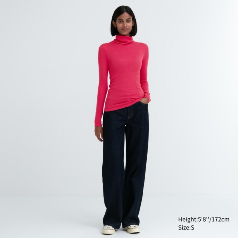 Camiseta Uniqlo HEATTECH Extra Warm Seamless Ribbed Turtleneck Long-Sleeve Mujer Rosas | 7562413
