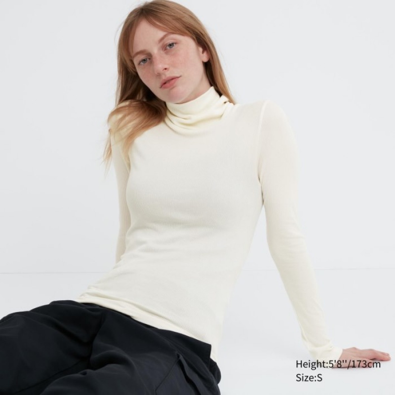 Camiseta Uniqlo HEATTECH Extra Warm Seamless Ribbed Turtleneck Long-Sleeve Mujer Blancas | 4265098