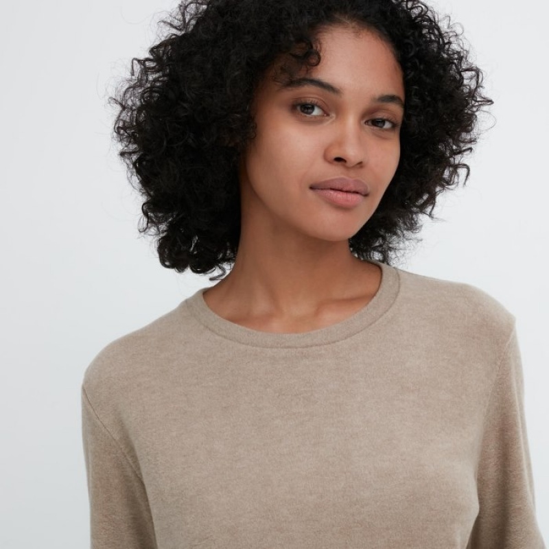 Camiseta Uniqlo HEATTECH Fleece Crew Neck Long-Sleeve Mujer Beige | 3023118