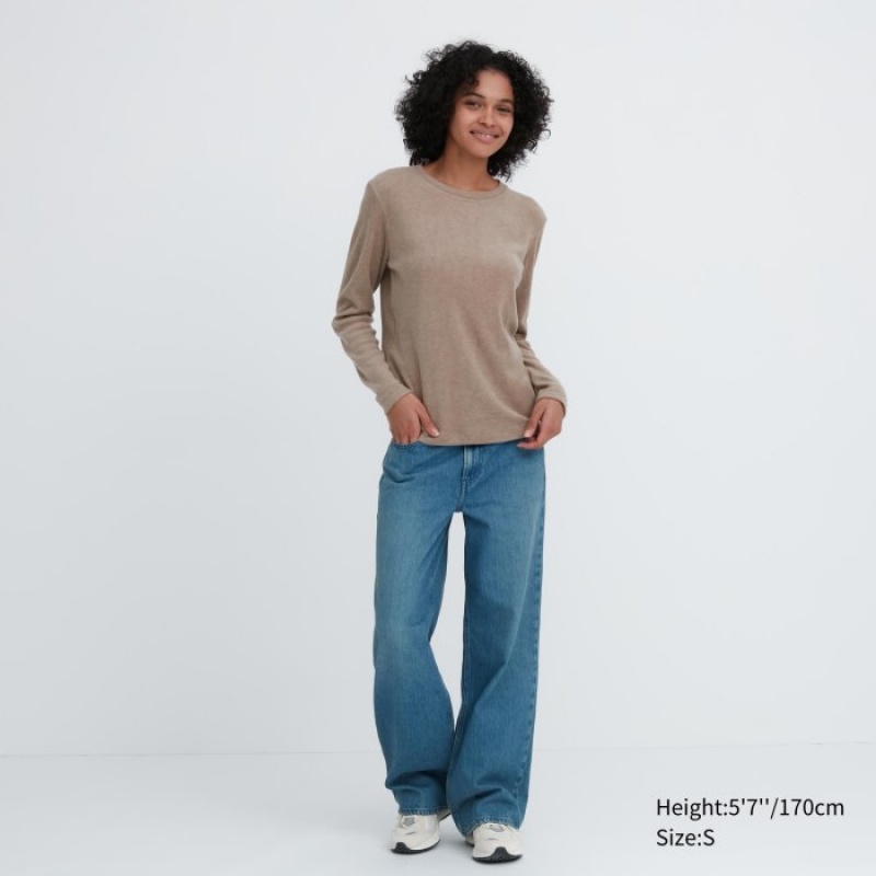 Camiseta Uniqlo HEATTECH Fleece Crew Neck Long-Sleeve Mujer Amarillo | 6057578