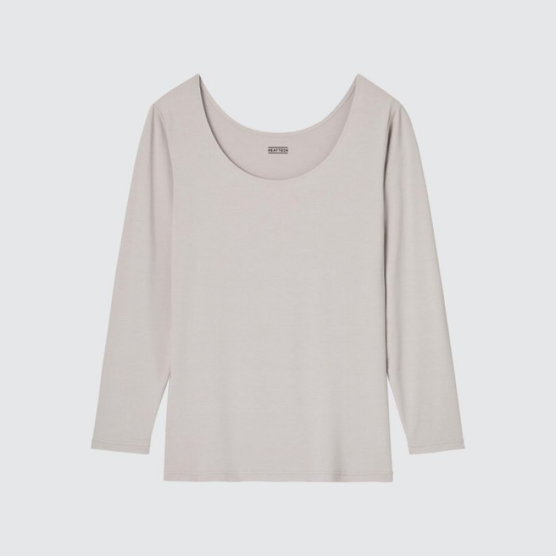 Camiseta Uniqlo HEATTECH Scoop Neck Long-Sleeve Mujer Gris | 3702042