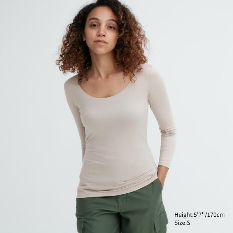 Camiseta Uniqlo HEATTECH Scoop Neck Long-Sleeve Mujer Gris | 3702042