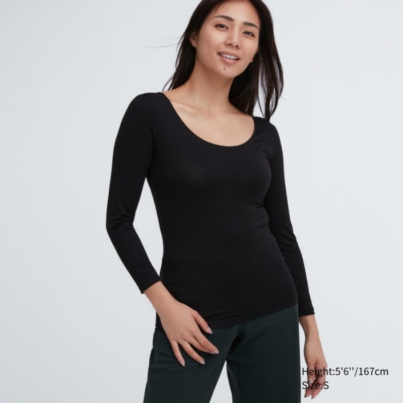Camiseta Uniqlo HEATTECH Scoop Neck Long-Sleeve Mujer Negras | 4714756