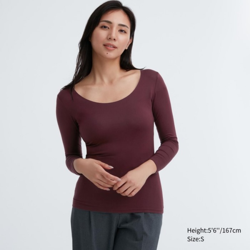 Camiseta Uniqlo HEATTECH Scoop Neck Long-Sleeve Mujer Burdeos | 191688