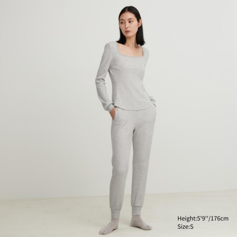 Camiseta Uniqlo HEATTECH Waffle Square Neck Long-Sleeve Mujer Gris | 7987615