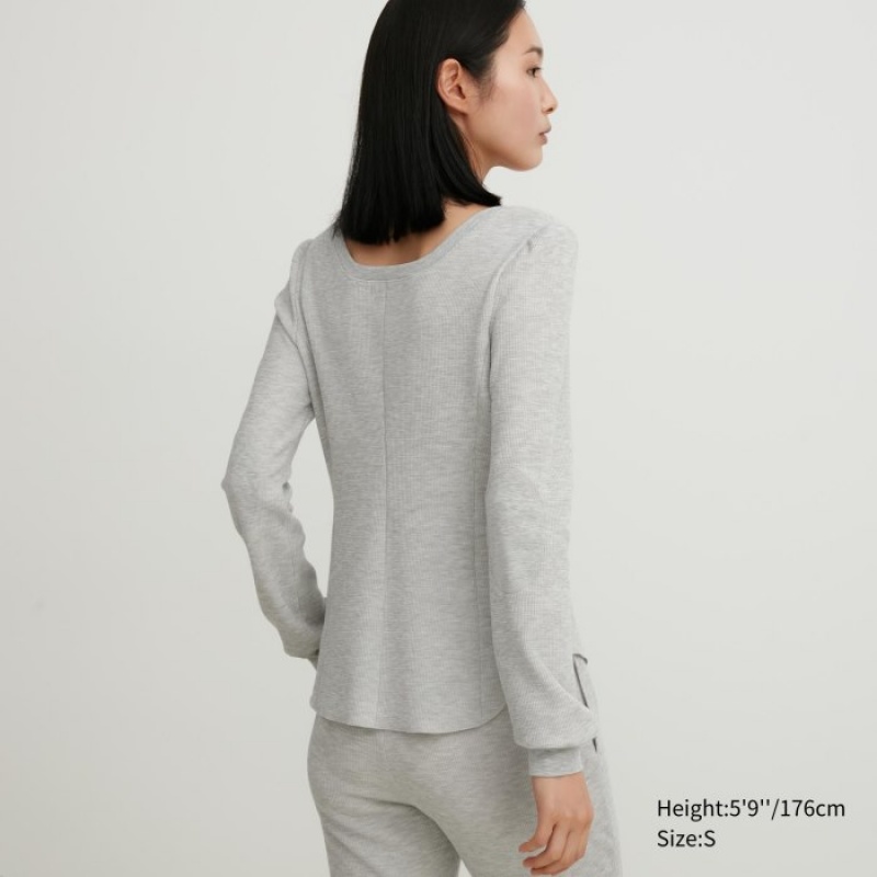 Camiseta Uniqlo HEATTECH Waffle Square Neck Long-Sleeve Mujer Gris | 7987615
