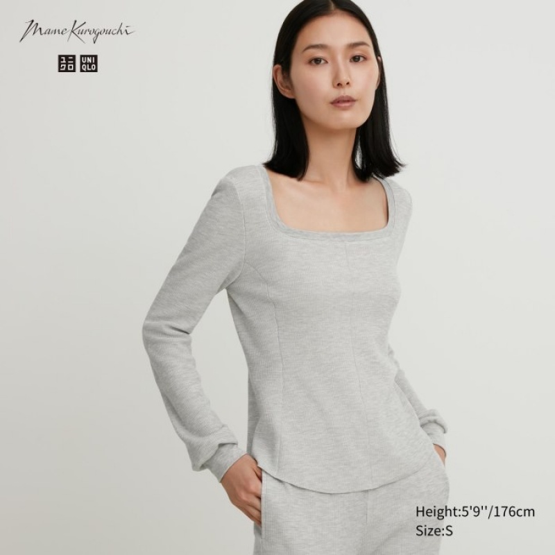 Camiseta Uniqlo HEATTECH Waffle Square Neck Long-Sleeve Mujer Gris | 7987615