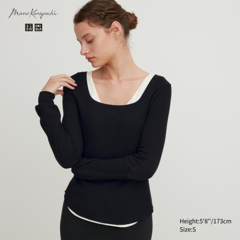 Camiseta Uniqlo HEATTECH Waffle Square Neck Long-Sleeve Mujer Negras | 8953255