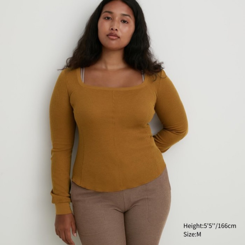 Camiseta Uniqlo HEATTECH Waffle Square Neck Long-Sleeve Mujer Marrones | 5475003
