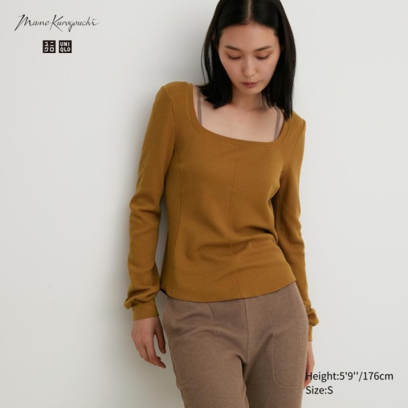 Camiseta Uniqlo HEATTECH Waffle Square Neck Long-Sleeve Mujer Marrones | 5475003