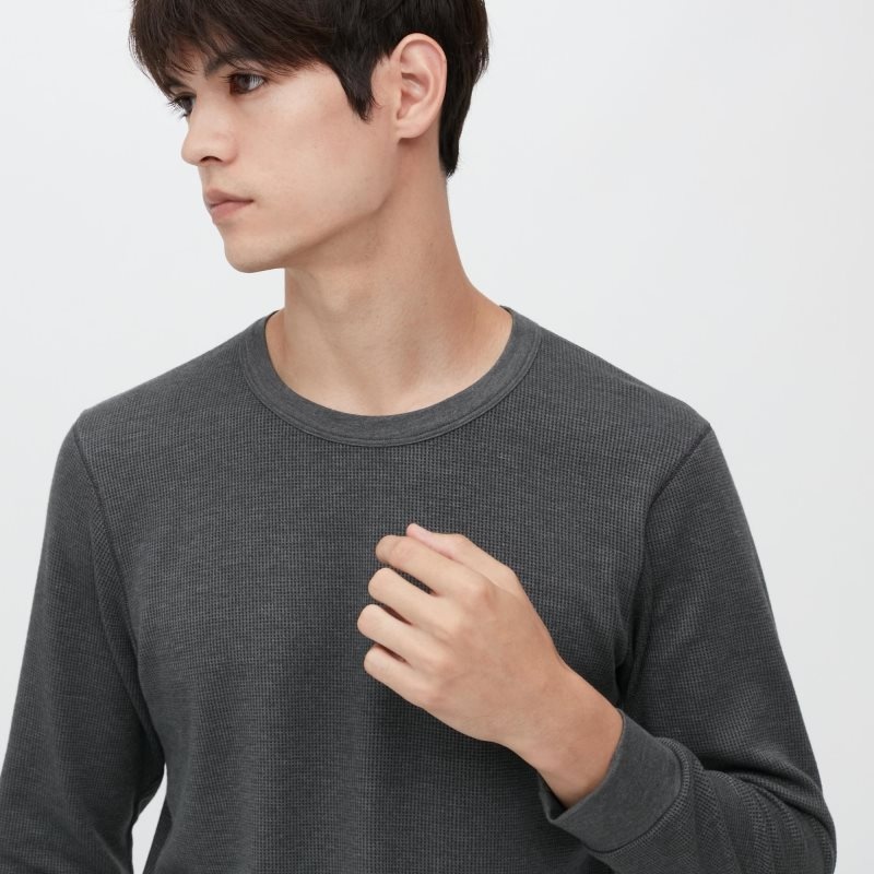 Camiseta Uniqlo Heattech Cotton Waffle Crew Neck Long-sleeve Extra Warm Hombre Gris | 7297973