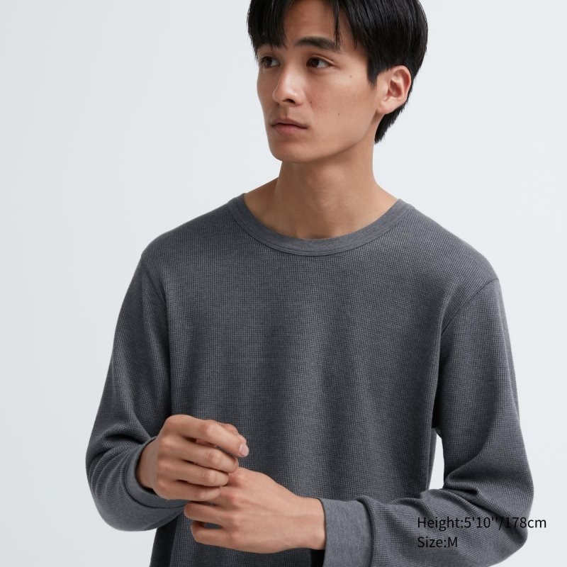 Camiseta Uniqlo Heattech Cotton Waffle Crew Neck Long-sleeve Extra Warm Hombre Gris | 7297973