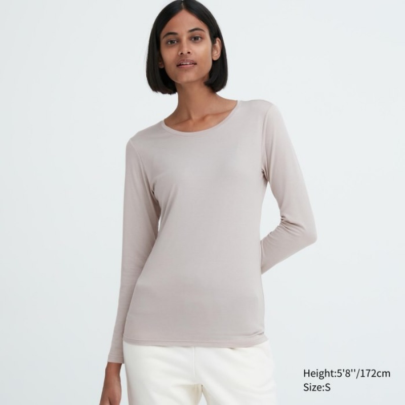 Camiseta Uniqlo Heattech Crew Neck Long-sleeve Mujer Gris | 455980