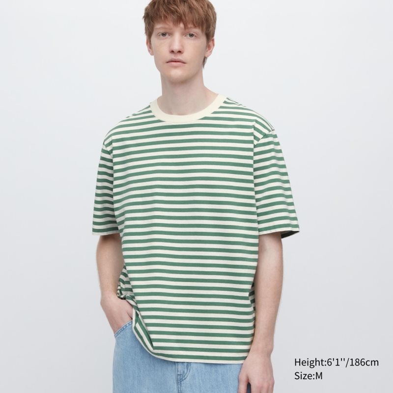 Camiseta Uniqlo Oversized Striped Half-sleeve Hombre Verde | 4225962