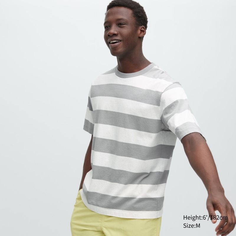 Camiseta Uniqlo Oversized Striped Half-sleeve Hombre Gris | 4453904