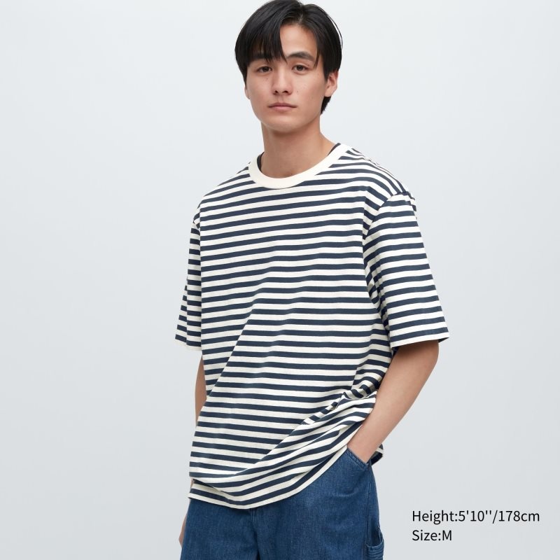 Camiseta Uniqlo Oversized Striped Half-sleeve Hombre Azul Marino | 3377161