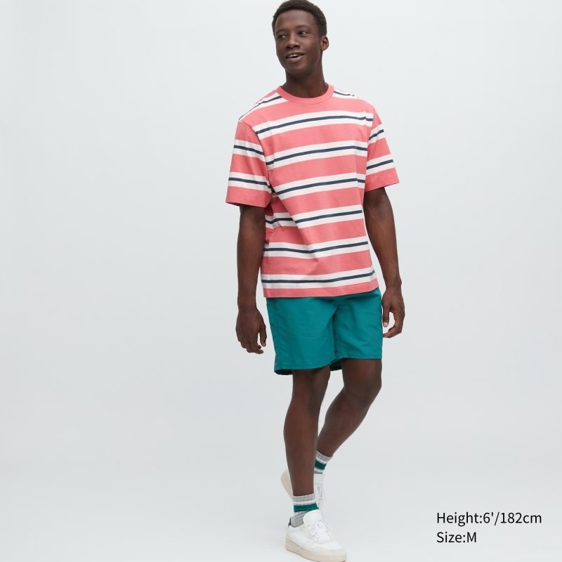 Camiseta Uniqlo Oversized Striped Half-sleeve Hombre Rosas | 7025133