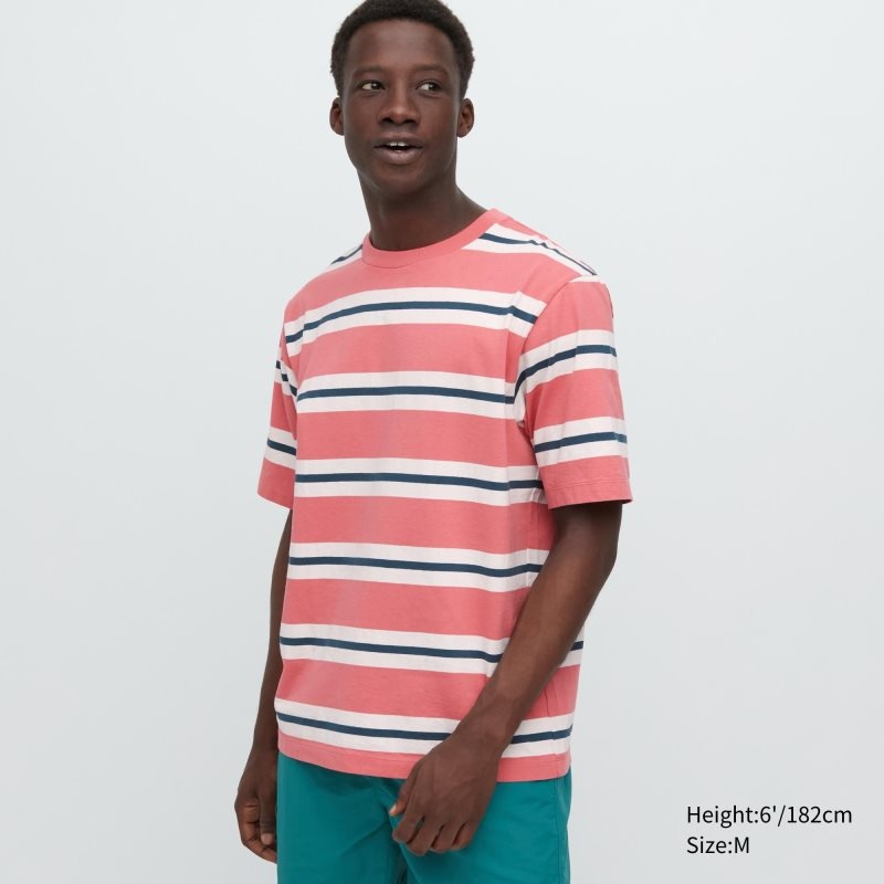 Camiseta Uniqlo Oversized Striped Half-sleeve Hombre Rosas | 7025133