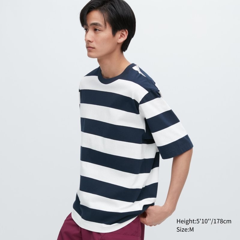 Camiseta Uniqlo Oversized Striped Half-sleeve Hombre Azul Marino | 9559405