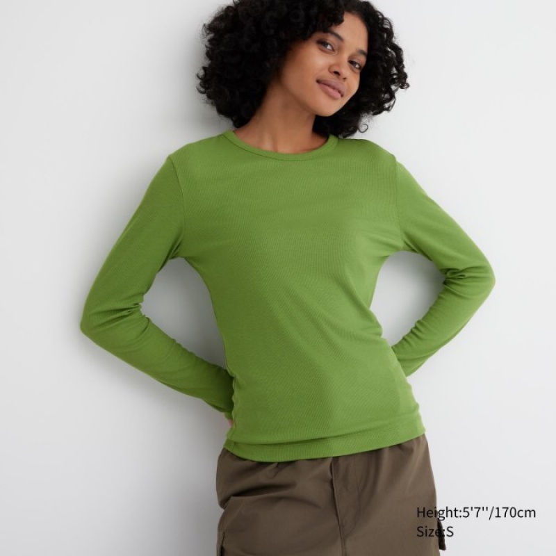 Camiseta Uniqlo Sheer Jersey Crew Neck Long-Sleeve Mujer Verde | 5083267