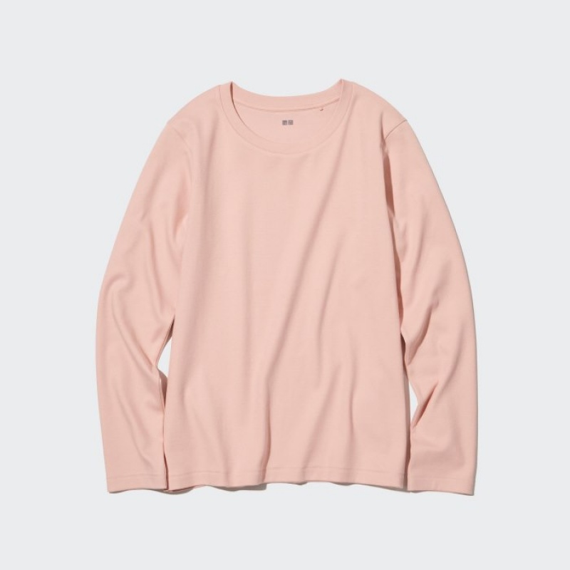Camiseta Uniqlo Smooth Stretch Cotton Crew Neck Long-Sleeve Mujer Rosas | 4167598