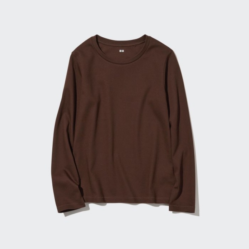 Camiseta Uniqlo Smooth Stretch Cotton Crew Neck Long-Sleeve Mujer Marrones | 6989211