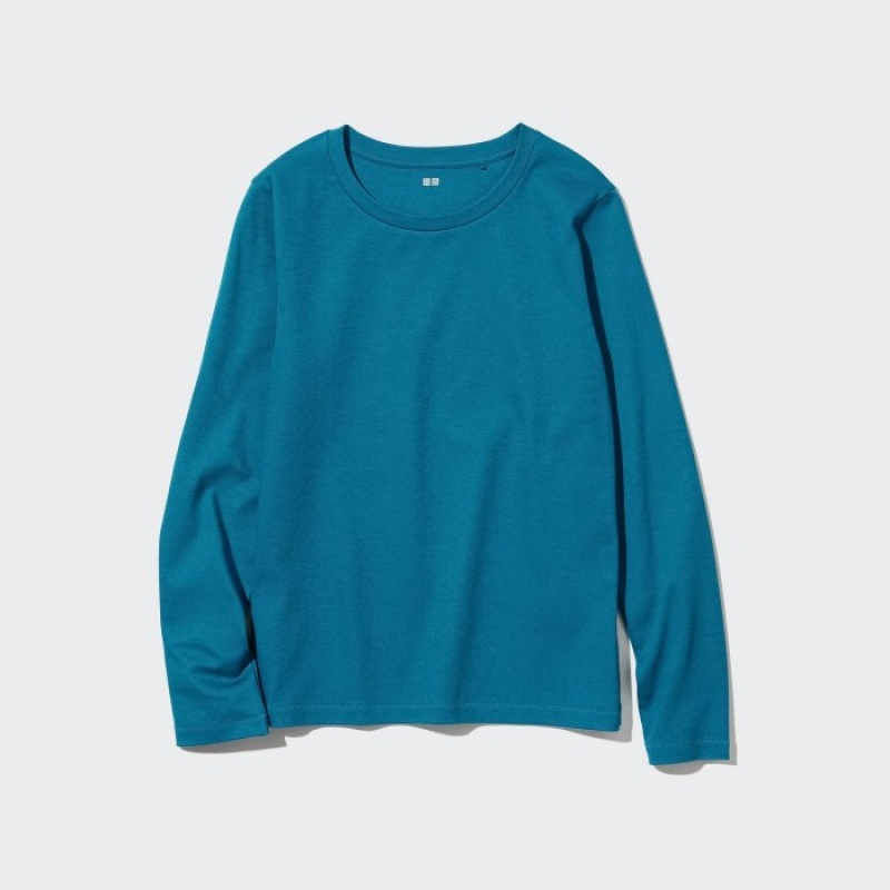 Camiseta Uniqlo Smooth Stretch Cotton Crew Neck Long-Sleeve Mujer Azules | 5623908