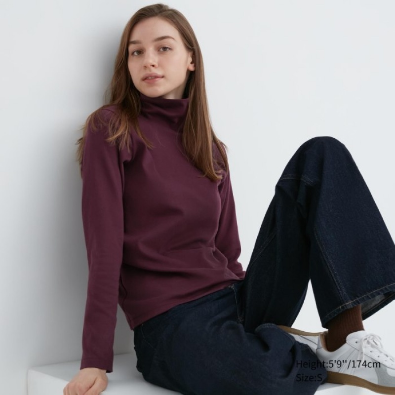 Camiseta Uniqlo Smooth Stretch Cotton Turtleneck Long-Sleeve Mujer Burdeos | 7222982