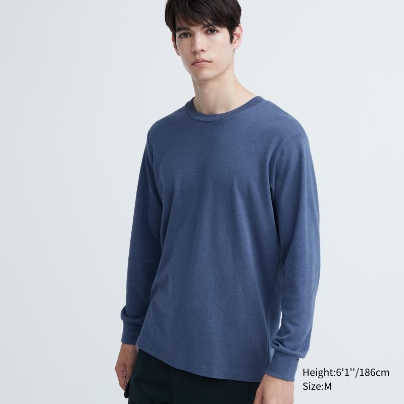 Camiseta Uniqlo Soft Brushed Crew Neck Long-sleeve Hombre Azules | 202744