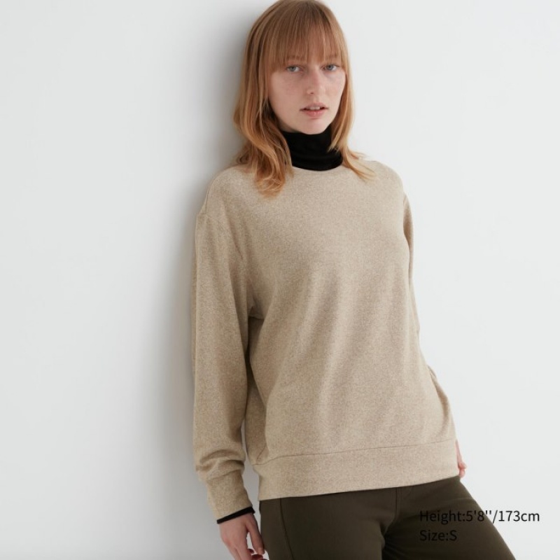 Camiseta Uniqlo Soft Knitted Fleece Crew Neck Long-Sleeve Mujer Beige | 1126751
