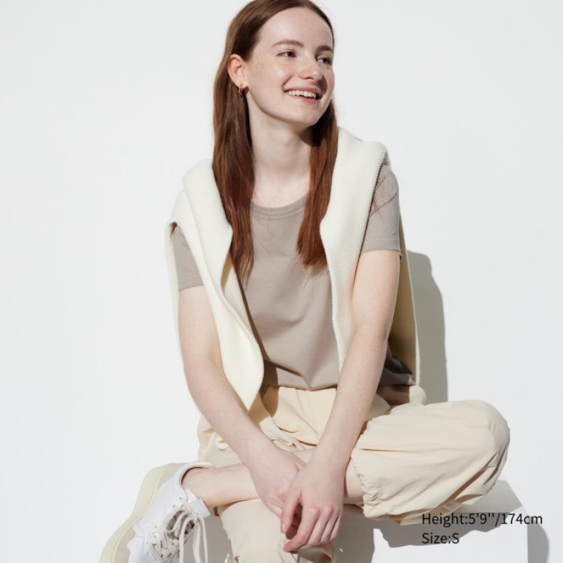 Camiseta Uniqlo Supima Cotton Crew Neck Short Sleeve Mujer Beige | 4571754