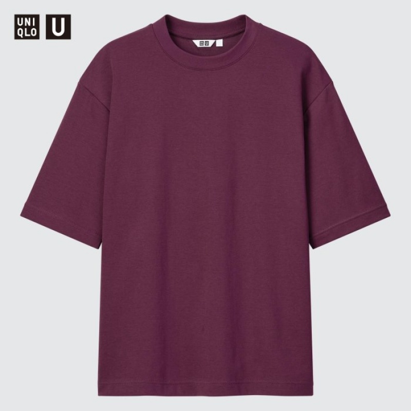 Camiseta Uniqlo U AIRism Cotton Oversized Crew Neck Half-Sleeve Mujer Moradas | 2591837