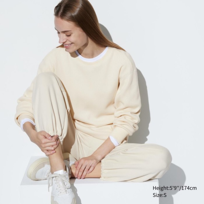 Camiseta Uniqlo Waffle Crew Neck Long-Sleeve Mujer Blancas | 3926840
